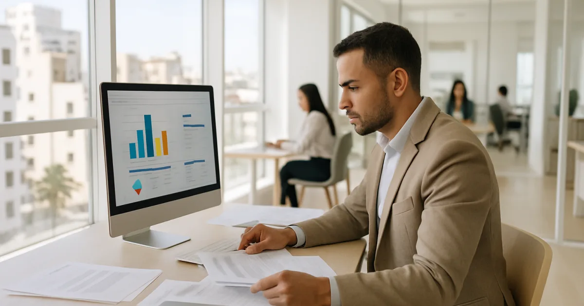Un entrepreneur en tenue professionnelle consulte un tableau de gestion fiscale sur son écran dans un bureau moderne à Casablanca