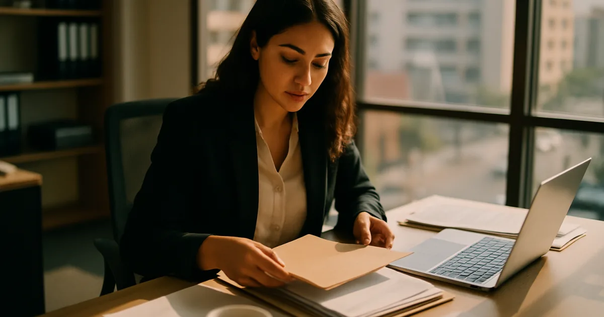 Une entrepreneure marocaine moderne travaille dans un bureau à Casablanca, examinant des dossiers fermés pour la facturation.