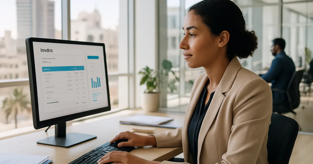Une femme professionnelle dans un bureau moderne de Casablanca utilise un logiciel de facturation électronique sur son ordinateur.