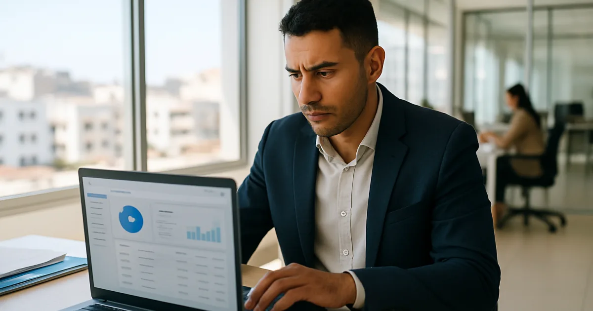Un entrepreneur marocain dans un bureau moderne à Casablanca consulte une application de gestion fiscale numérique sur son ordinateur