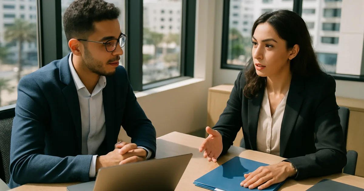 Un entrepreneur marocain en réunion avec un conseiller financier dans un bureau moderne à Casablanca