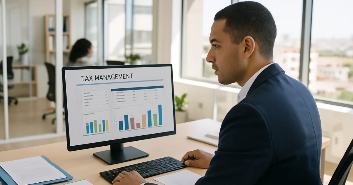 Professionnel en tenue moderne déclarant la taxe professionnelle sur un ordinateur dans un bureau contemporain à Casablanca