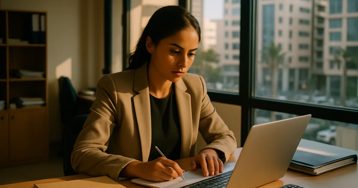 Une entrepreneure marocaine déclare la contribution sociale dans son bureau moderne à Casablanca.