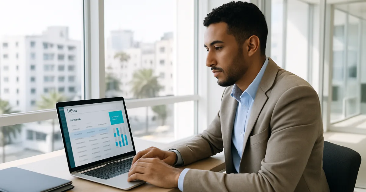 Un entrepreneur marocain vérifie une application de facturation digitale dans un bureau moderne à Casablanca