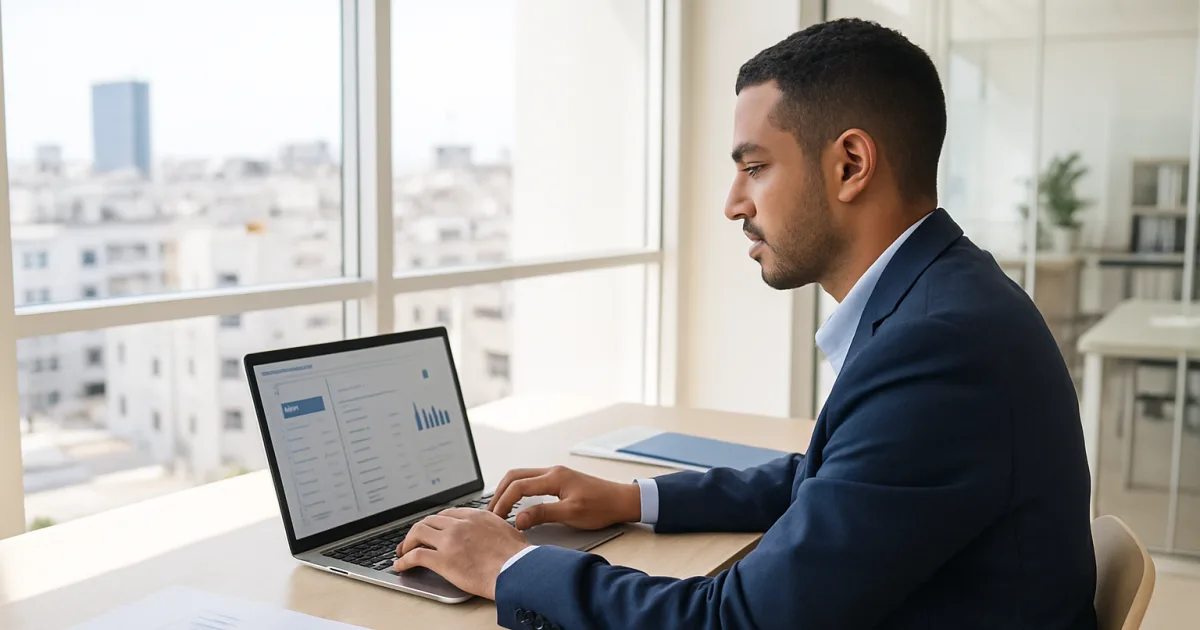 Un professionnel en bureau moderne consulte une application de gestion financière sur son ordinateur avec la ville visible par la fenêtre