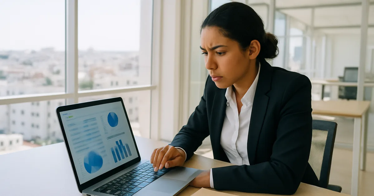 Une entrepreneure marocaine consulte un tableau financier clair sur son ordinateur dans un bureau moderne à Casablanca