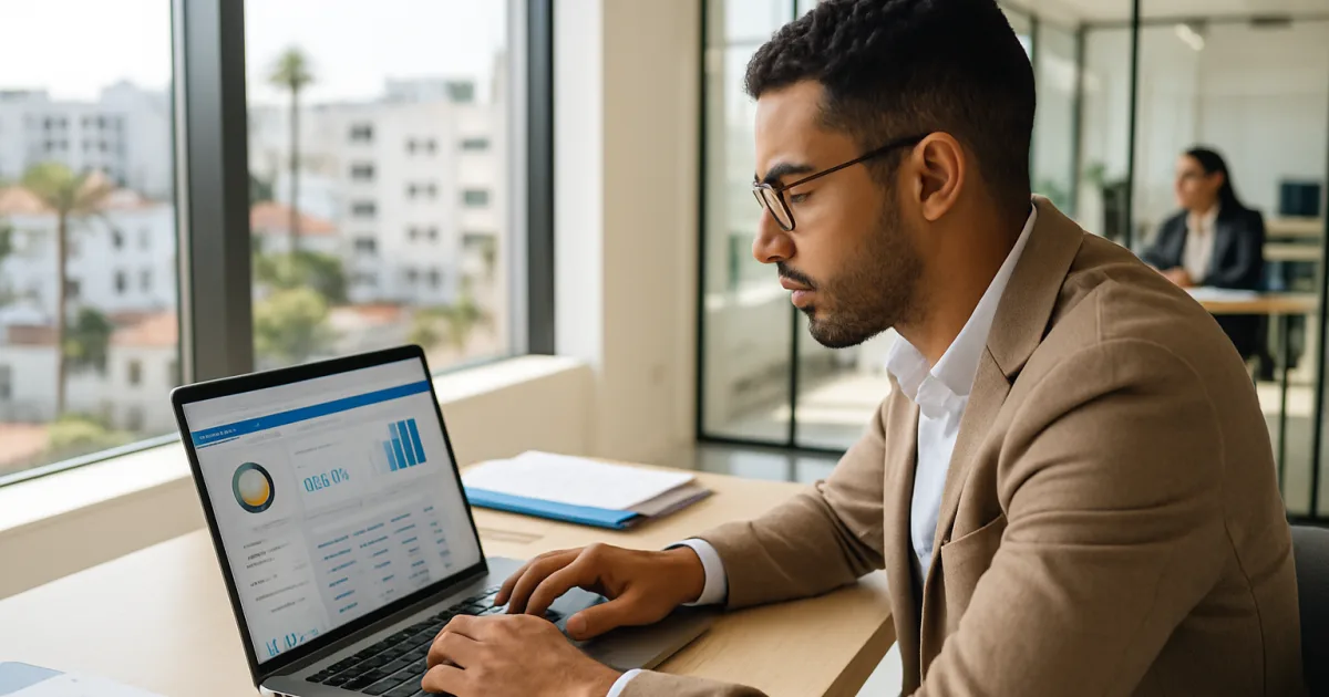 Un auto-entrepreneur marocain consulte une application de gestion fiscale sur son ordinateur dans un bureau moderne à Casablanca